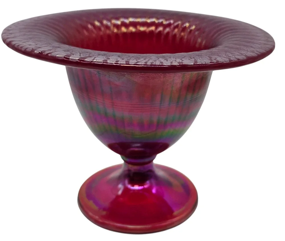 VINTAGE FENTON 2000 SGS RED STRETCH GLASS FLARED COMPOTE RIBBED INTERIOR